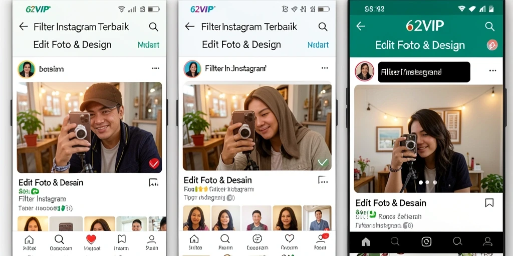 Tampilan antarmuka intuitif 62VIP saat mengedit foto dengan filter Instagram.