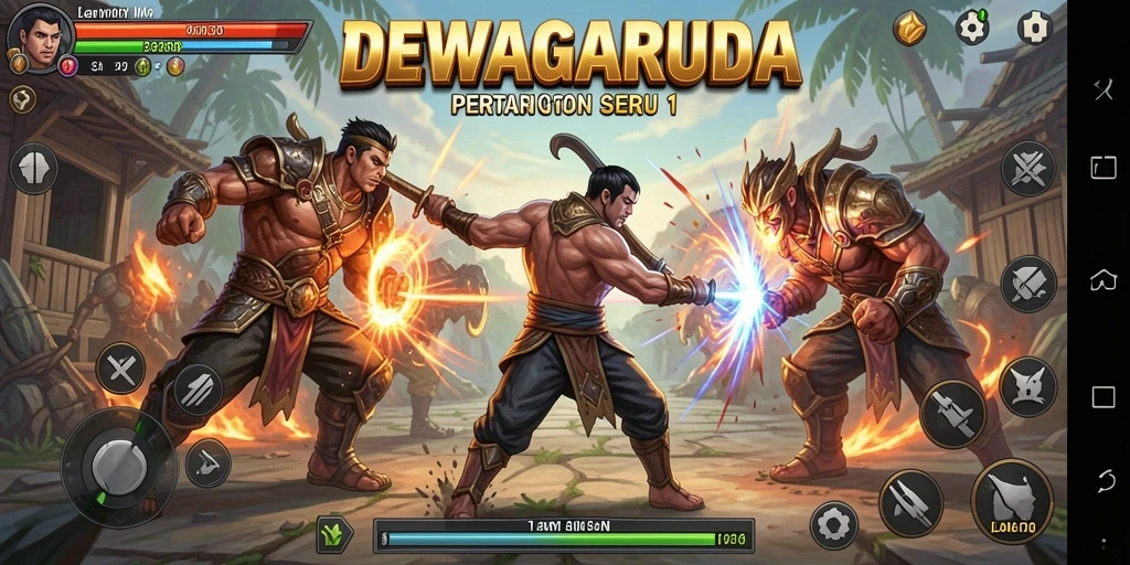 Tampilan antarmuka seru DEWAGARUDA dalam Tempur 1 Lawan 1.